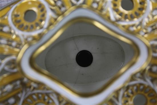 A Mintons bone china yellow ground gondola shaped vase, cover and stand, c.1894, in imitation of a Sevres pot pourri, 37cm, broken at t